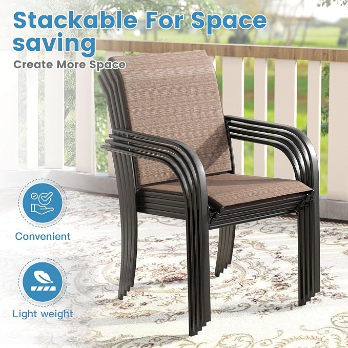 DIFY Patio Dining Set for 10, 11 Piece Outdoor Table and Chairs Set, 63" Walnut Round Metal Patio Dining Table and Brown Textilene Stackable Patio Chairs, for Backyard Garden Poolside