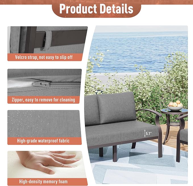 Kurapika Aluminum Patio Furniture Set 7-Seat Modern Metal Outdoor Conversation Sets w/45in Propane Fire Pit Table, Swivel Rocking Chairs Patio Sectional Sofa w/5.1 Inch Cushion, Grey