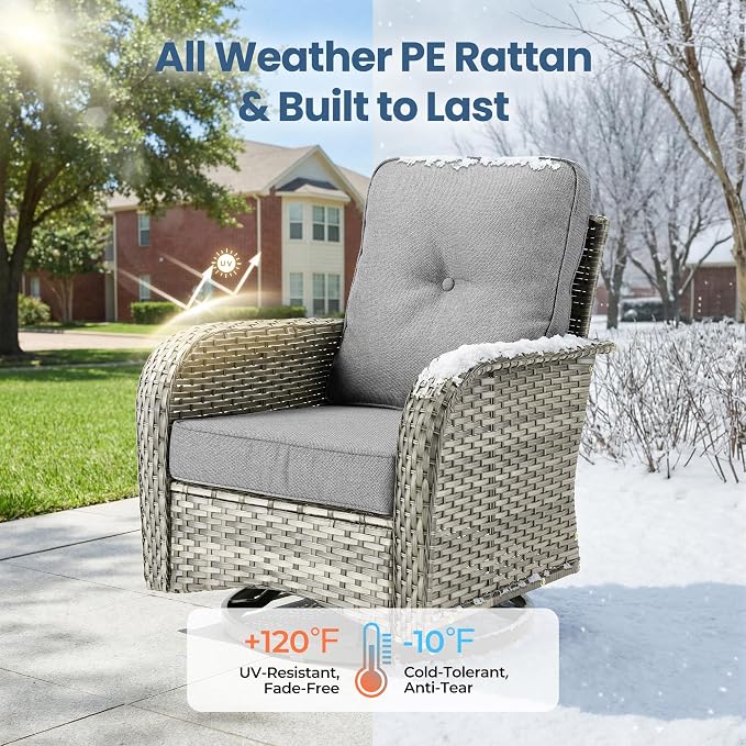 7 Piece Wicker Patio Furniture Set with Swivel Chairs, Dark Gray | High Back Swivel Rocker Chairs, Outdoor Loveseat Sofa, Coffee Table, Rattan Conversation Set, Porch Deck Backyard Poolside