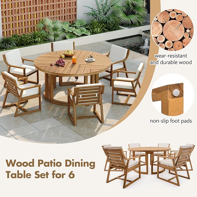 7-Piece Outdoor Patio Dining Set, All-Weather Acacia Wood 59'' Round Dining Table with 1.96" Umbrella Hole and 6 Arm Chairs for Backyard, Balcony, Garden, Poolside (Light Teak-2.14)