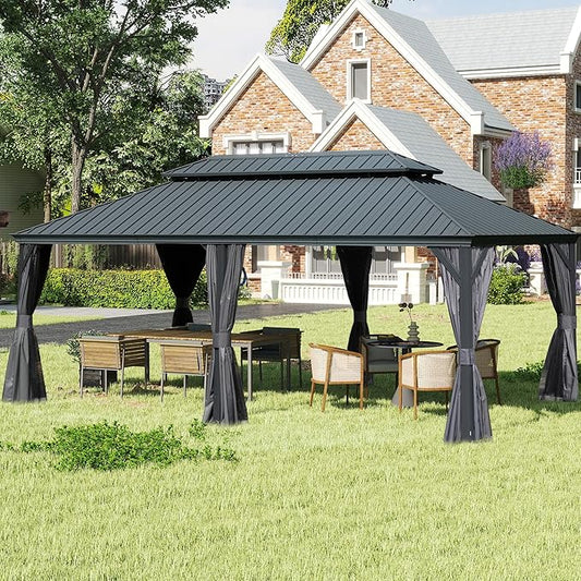 Domi 12' X 24' Hardtop Gazebo, Upgraded Metal Gazebo with Drainage System, Dual-Layer Galvanized Steel Roof, Curtain and Netting, Outdoor Shelter Canopy for Patio, Garden, and Backyard, Grey