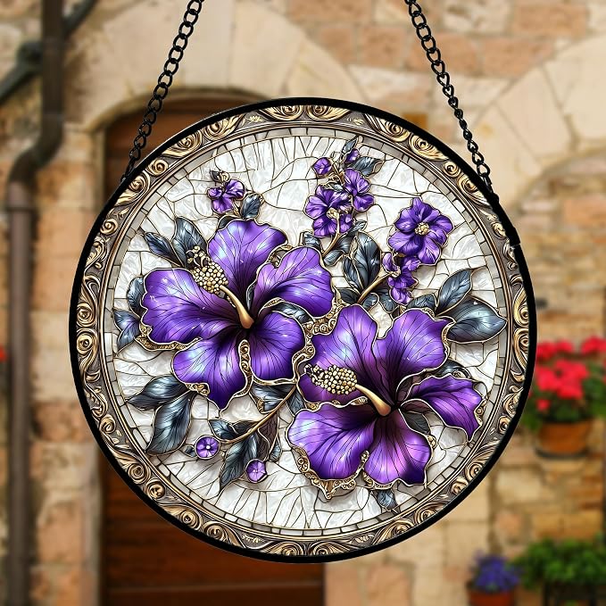 DASTOLL Stained Glass Window Hanging, Purple Flowers Romantic Suncatcher for Doors Home Sun Catchers Decoration and Christmas, Mother's Day Birthday Gifts for Women, Men, and Mom 7.8 in