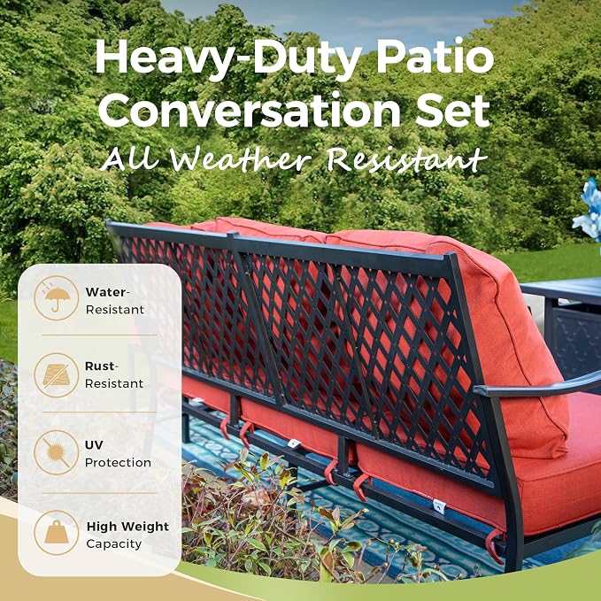 MIXPATIO Patio Furniture Set 5 pcs, Outdoor Patio Furniture, 3-Seat Sofa, 2 Swivel Chairs, 2 Ottomans and 5.75" Extra Thick Cushion, Patio Conversation Set for Garden Backyard Deck,Red