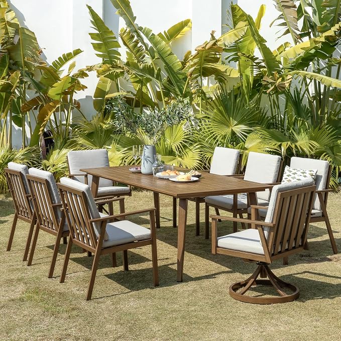 9 Pieces Patio Dining Set for 8, Aluminum Outdoor Dining Table Sets with Umbrella Hole, Modern Outdoor Furniture Set with 2 Swivel Chairs, 6 Dining Chairs and Table for Backyard Poolside,Teak