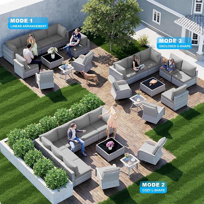 10-Piece Patio Furniture Set, Outdoor Patio Furniture with Swivel Chairs Set, Thick Cushions, Modular Patio Sofa, Dual-Strand Wicker Rattan, Rust-Resistant Frame, Grey