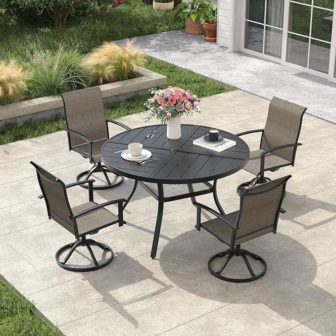 VICLLAX Outdoor Table and Chairs Set for 4, Patio Dining Set of 40.6" Metal Round Patio Table with Umbrella Hole & 4 Swivel Outdoor Dining Chairs for Backyard Lawn, CMixed Brown & Black