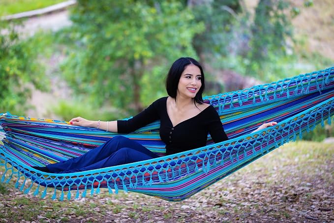 Boho Classic Hammock with Tassel, Handmade, Weather-Resistant, Hammock for Indoor & Outdoor, Lightweight Durable - for Patio, Porch, Backyard Lounging (Quilotoa Teal)