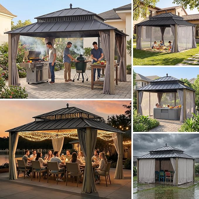 SUNJOY Kingston 14' x 12' Hardtop Wood Gazebo with Galvanized Steel Double Roof, Curtain and Netting, Cedar Posts Permanent Pavilion Gazebo for Garden, Patio, Deck, Lawn