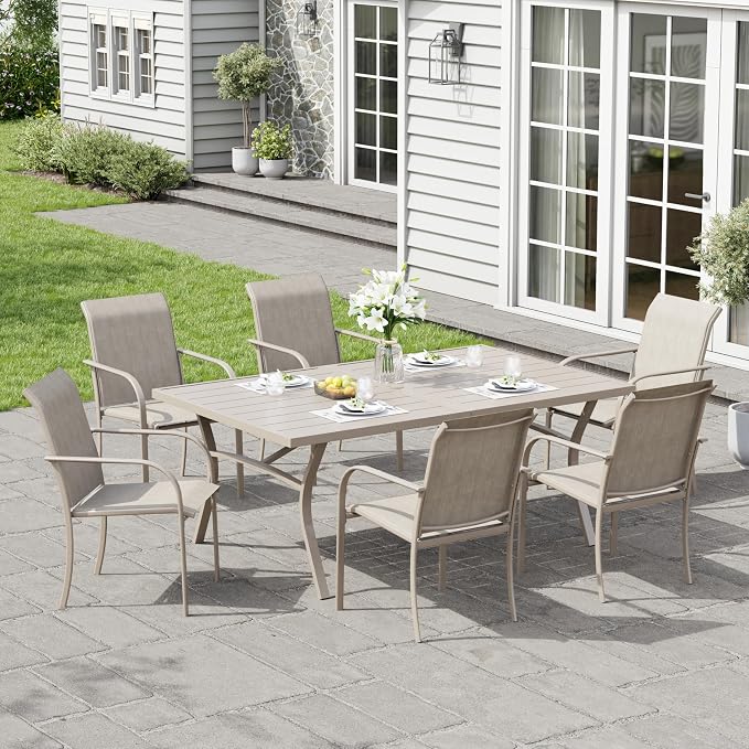 7 Pieces Patio Dining Set, 63" Rectangular Dining Table with Umbrella Hole, 6 Stackable Textilene Fabric Chairs, Metal Structure for Patio, Porch, Garden(Sand Table, Sand Chair)
