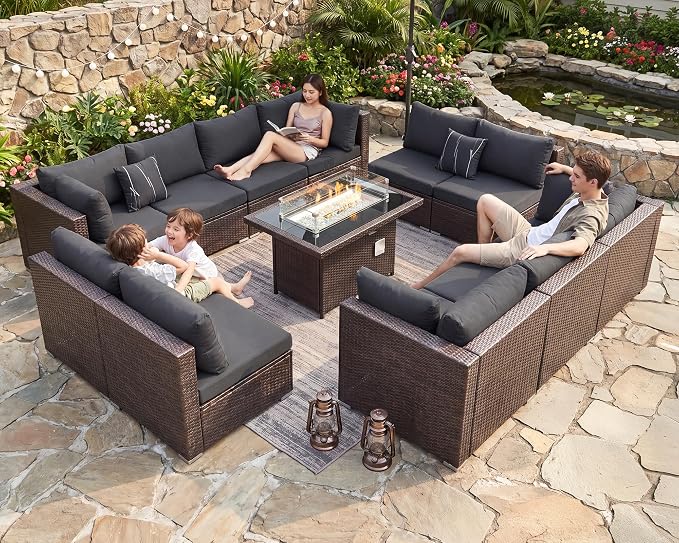 NICESOUL 13 Piece Patio Furniture w/Fireplace, Elegant Outdoor Seating w/Firepit, XL 29.3'' High Back Sectional Sofa, All-Weather Rattan Deck Couch, Modular Sturdy Conversation Set, Brown & Gray