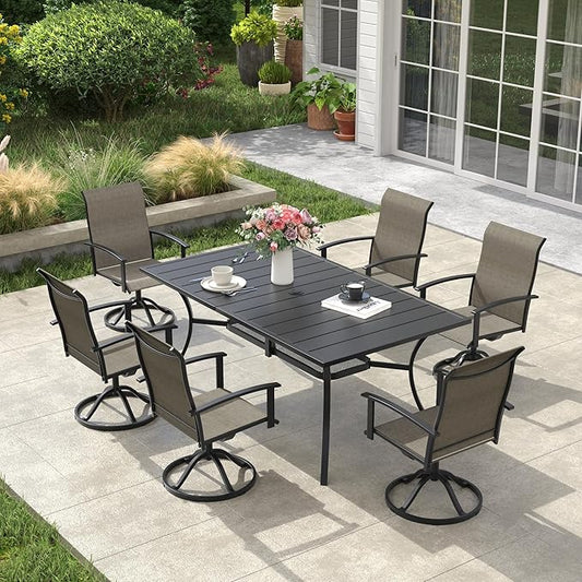 VICLLAX Outdoor Table and Chairs Set for 8, Patio Dining Set of 60" Metal Round Patio Table with Umbrella Hole & 8 Swivel Outdoor Dining Chairs for Backyard Lawn, Grey & Antique Grey
