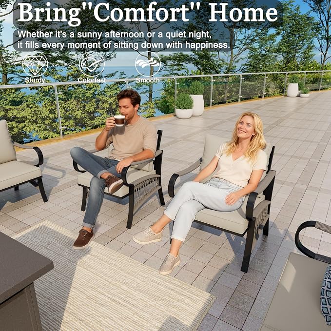 8-Piece Outdoor Furniture Set, Metal Swivel Rocking Chairs with All-Weather Cushions, Patio Conversation Set with Fire Pit Table for Deck, Porch, Garden, Backyard, Poolside (Beige Cushions)
