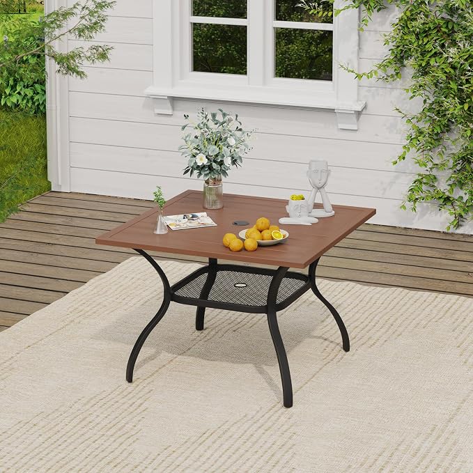 VICLLAX Square Patio Dining Set for 4, Metal Slatted Patio Table with Umbrella Hole and Stackable Patio Chairs for Deck Lawn Garden, Black Fabric and Walnut Tabletop