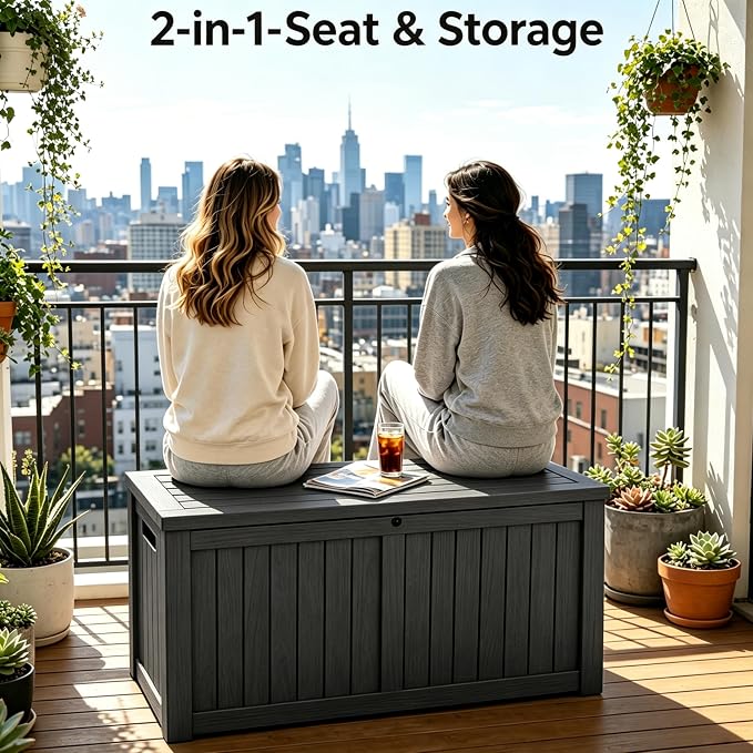 MAKINO 178 Gallon Large Resin Outdoor Storage Box, Waterproof Deck Box, Lockable Deck Container with Reinforced Support, Outdoor Chest for Patio Accessories, Outdoor Cushions, Garden Tools, Black