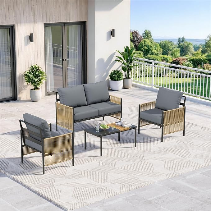 Aluminum Outdoor Patio Furniture Set, 4 Seats Outdoor Sectional with Coffee Table, Patio Conversation Sets with Washable Thick Cushions and Waterproof Cover forBackyard/Garden/Poolside, Gray