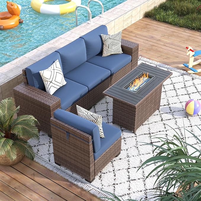 5 Piece Patio with Fire Pit Table, Wide Armrest Modular Outdoor Conversation Brown PE Wicker Rattan Sectional Sofa, 4" Thickened Cushion, Navy Blue