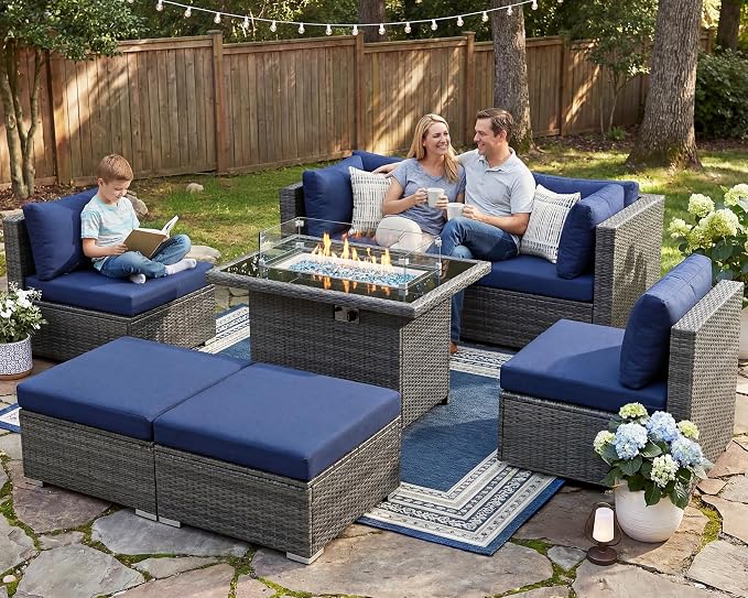 NICESOUL 7 Piece Outdoor Sectional Sofa Set with Firepit Natural Gas & Propane Convertible, Oversized Deep Seating Patio Furniture for Tall Person, 2 Color Cushion Navy & Gray for Easy Maintenance