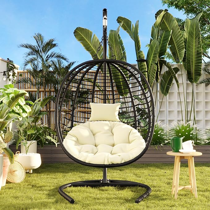 Folding Egg Chair, Outdoor Hanging Hammock Chair with Stand, Patio Wicker Hanging Chair with Iron Frame and Plush Cushion & Removable Headrest for Bedroom, Balcony, Garden (C-BlackBeige)