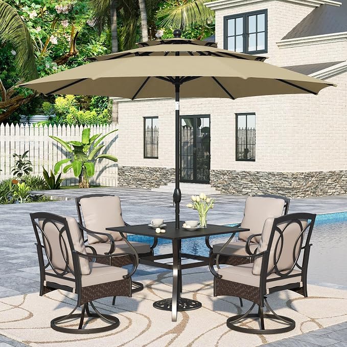 Sophia & William Patio Dining Set with 10ft 3 Tier Auto-tilt Beige Umbrella, 6 Piece Outdoor Table and Chairs with 4 Padded Swivel Rocker Dining Chairs, 1 Square Metal Table and 1 Umbrella