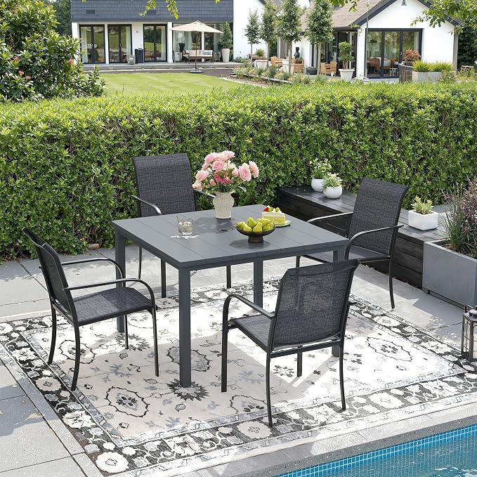 DIFY 5 Pieces Outdoor Patio Dining Set for 4, 40.2" Square Metal Dining Table and 4 Stackable Textilene Patio Chairs, Outdoor Table and Chairs for Backyard Garden Poolside, Grey