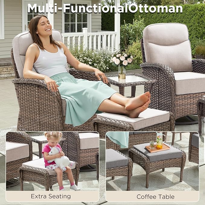 Luxury Outdoor Patio Furniture Set with 6-Inch Thick Cushions, 9 Pieces Wicker Outdoor Furniture with High Back Swivel Patio Chairs Set of 4, Outdoor Patio Conversation Set for Deck Garden, Beige