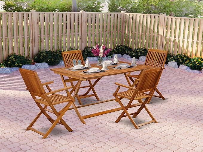 East West Furniture AECM5CANA 5 Piece Outdoor Patio Dining Sets Includes a Rectangle Acacia Wood Table and 4 Folding Arm Chairs, 36x60 Inch, Natural Oil