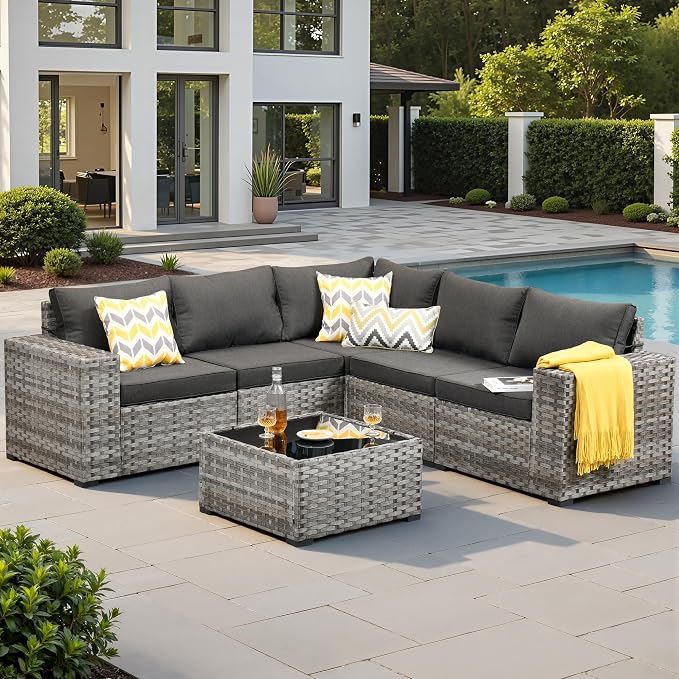 6 Pieces Patio Furniture Set, Outdoor Wicker Sectional Sofa with 7.7" Extra Wide Armrests, Modern Rattan Modular Conversation Set with Thickened Deep Seat Cushions & Coffee Table for Backyard, Black