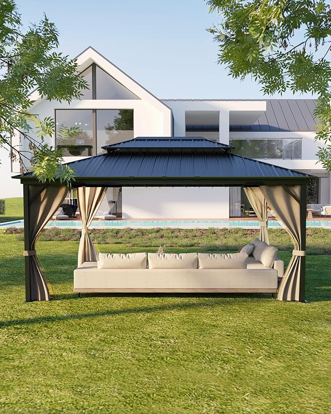 GarveeLife 12 ft x16 ft Hardtop Gazebo for All Weather, with Double Metal Roof, Aluminum Alloy Frame, Net, and Curtain, Permanent Building for Patio, Deck, Backyard, Lawn, and Garden, Khaki