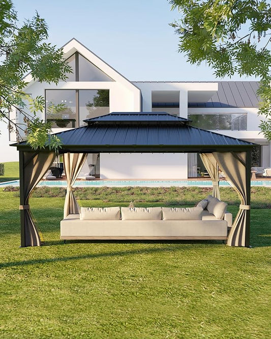GarveeLife 12 ft x16 ft Hardtop Gazebo for All Weather, with Double Metal Roof, Aluminum Alloy Frame, Net, and Curtain, Permanent Building for Patio, Deck, Backyard, Lawn, and Garden, Khaki