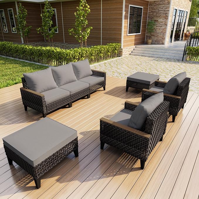 7 Pieces Patio Conversation Set, Wicker Rattan Sectional Modular Sofa Seating Set with Armchairs and Ottomans, Outdoor Furniture for Porch, Poolside, Deck, Balcony, Backyard, Yard (Gray Cushions)