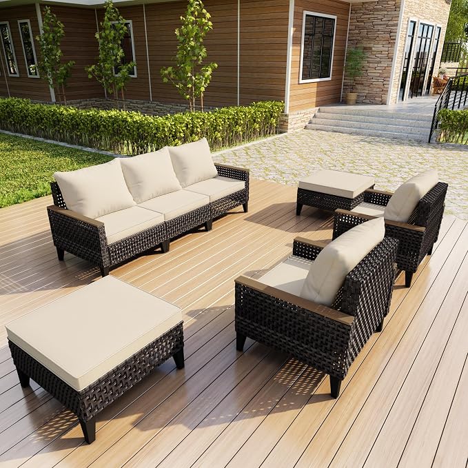 7 Pieces Patio Furniture Set, Outdoor Conversation Sets with Footstool, Wicker Rattan Sofa Couches Chairs Ottomans for Porch, Poolside, Deck, Balcony, Backyard, Yard, Garden (Beige Cushions)