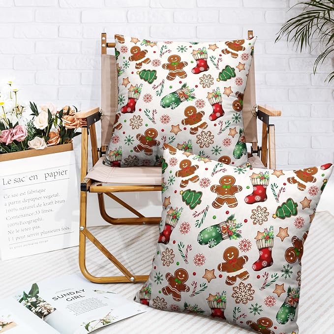 Christmas Pillow Covers 24x24 Set of 2 Gingerbread Man Throw Pillow Covers Xmas Tree Socks Gloves Snowflakes Pillow Case for Holiday Decor Couch Sofa