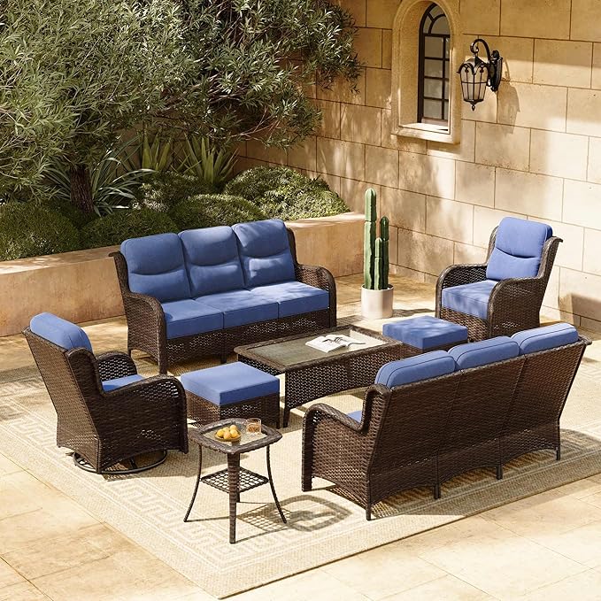 HILLGA 8-Piece Luxury Patio Furniture Set with 6" Thick Cushions, Weather-Resistant Wicker High Back Swivel Rocker Chairs, Senior-Friendly Outdoor Sofa Set for Large Deck, Yard and Poolside, Blue(V2)
