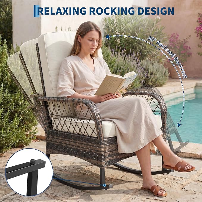 GarveeHome 3-Piece Outdoor Rocking Chair Set, Wicker Rattan Patio Furniture with Glass-Top Coffee Table, Modern Conversation Seating with Cushions for Porch, Backyard (Brown Rattan & Beige Cushion)