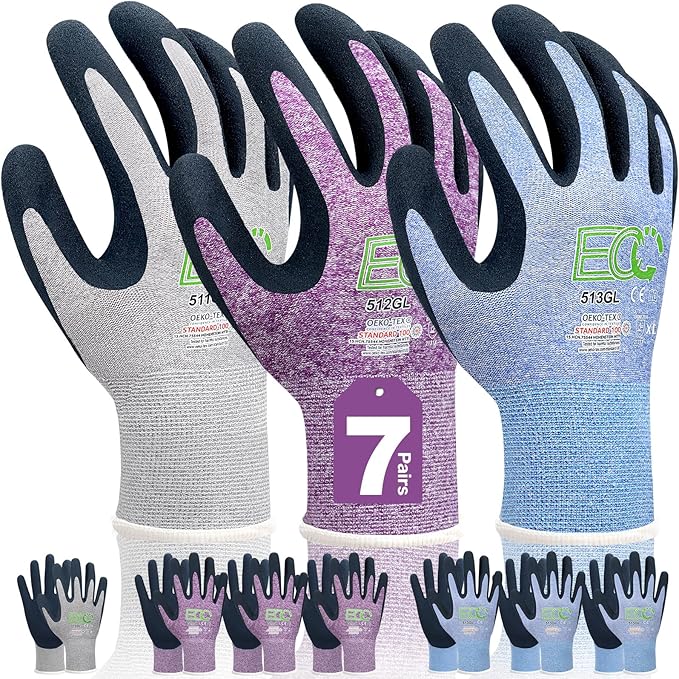 7 Pairs Women Gardening Gloves, EN388 2131X Outdoor Protective Work Gloves with Breathable Micro-Foam Coating for Gardening, General Purpose, Courtyard, 3 Purple + 3Blue +1 Grey | 3 purple + 3 blue + 1 gray, breathable garden gloves, recycled PET. Idea...