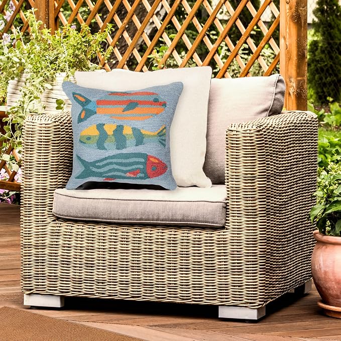 Liora Manne Lush Decor FRONTPORCH Indoor/Outdoor Handmade Pillow - Transitional Graphic Casual Animal Accent (Fishes Aqua) (18" x 18")