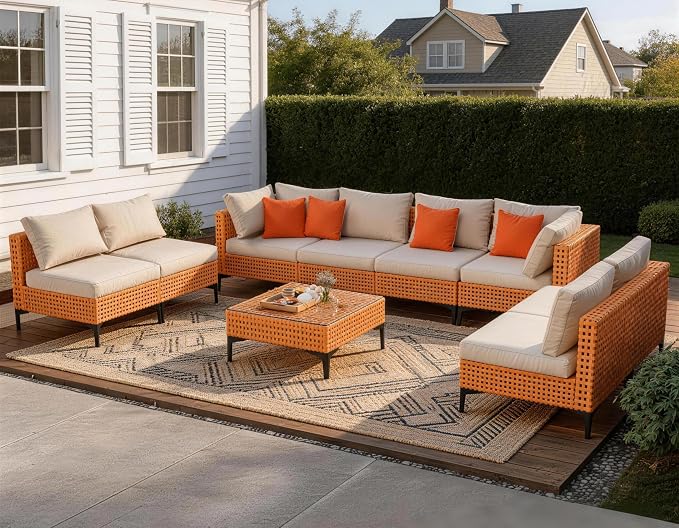 9 Piece Outdoor Patio Furniture Set Modular Outdoor Furniture Set Wicker Outdoor Sectional Sofa with Cushions and Tea Table Patio Set for Balcony Porch Deck Yard (Salmon&Orange Wicker, Sand Cushion)