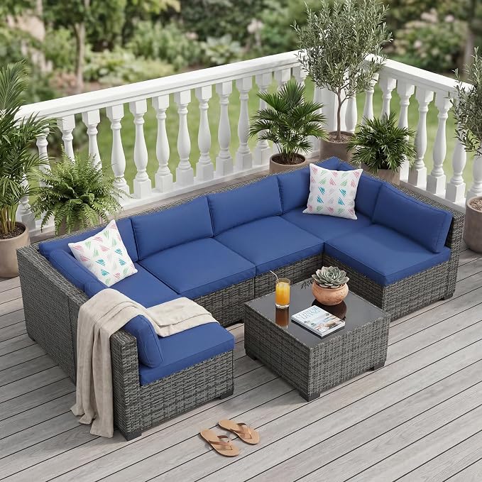 7 PCS Outdoor Sectional Furniture Set, Wicker Conversation Set Sofa, Gray | Freely combinable outdoor conversation sofa Weather resistant rattan wicker furniture Easy clean