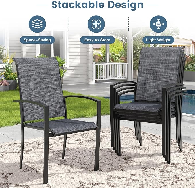 DIFY 7 Pieces Outdoor Dining Set, Metal Patio Table and Chairs Set for 6 with Umbrella Hole, 47.2" Round Dining Table and Textilene Stackable Patio Chairs for Garden Backyard Poolside, Black