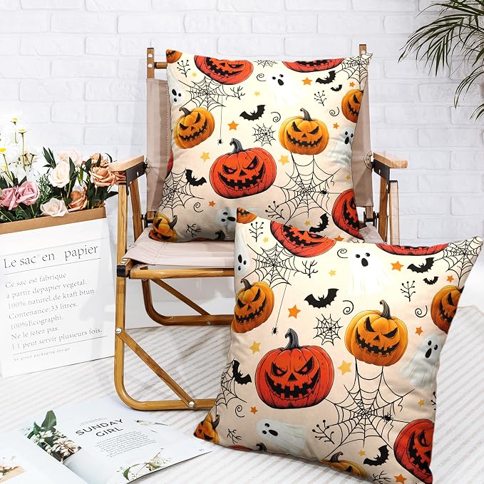 Halloween Pillow Covers 16x16 Set of 2 Jack-O-Lantern Bat Spider Web Ghost Throw Pillow Covers Horror Pumpkin Pillowcase Holiday Decor Cushion Case for Party Outdoor Sofa