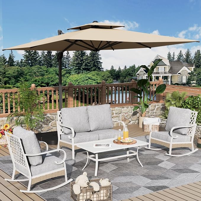 MIXPATIO 4 Piece Patio Furniture Set, 2 x Rocking Chair, 1 x 2-Seat Sofa with Marbling Coffee Table, 4 Seats Outdoor Conversation Set for Lawn Garden Backyard, Light Gray