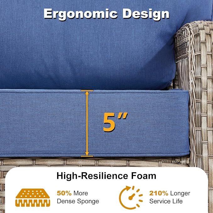 10 PCS Patio Furniture Set Outdoor Sectional Sofa Couch with Rocking Swivel Chairs 5" Deep Seat Chairs, Modern Wicker Rattan Conversation Set, Blue/Gray Wicker