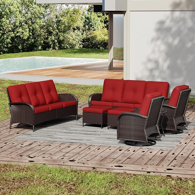 Joyside Wicker Patio Furniture Set, 7 Piece Outdoor Furniture Set with Thickened Cushions, High Back, Deep Seating, Wide Armrest, Outdoor Swivel Rocker Chairs for Porch, Deck