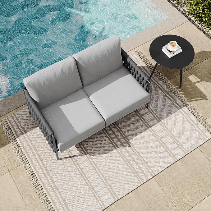East Oak Outdoor Furniture | Life Chatter Loveseat | 2 Seater Sofa with 6.7" Thick Washable Cushions | Deep Seating Patio Furniture for Garden, Porch, Balcony & Backyard | Misty Grey