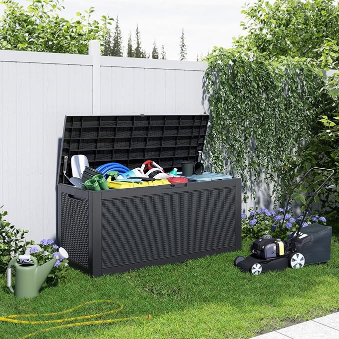 PatioZen 120 Gallon Resin Deck Box, Lockable Weatherproof Outdoor Storage Box for Furniture, Garden Tools and Tools Storage, Waterproof Outside Storage Boxes - Black