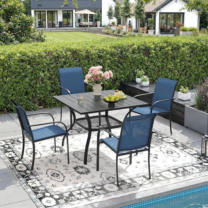 DIFY 5 Pieces Outdoor Dining Table Chair Set, Patio Dining Set with 1 Black Square Curved Legs Table with and Umbrella Hole & 4 Blue Stackable with Armrests Chairs for Lawn, Garden, Porch