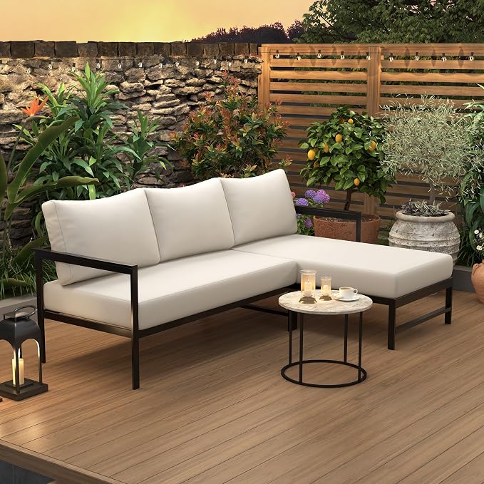 JIVOIT Outdoor L-Shaped Sofa with Iron Frame, Metal Patio Sofa Set with Ultra-Thick Cushions, Comfortable Seating for 3, Ideal for Patio, Balcony and Garden (Beige/35)