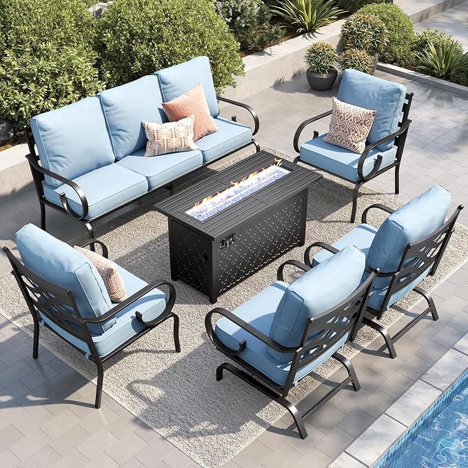 PHI VILLA Patio Furniture Set, 3-Seater Sofa, 2 Fixed Chairs, 2 Rocking Chairs and a 45" Fire Pit Table, Outdoor Metal Conversation Set with 5.75" Extra Thick Cushion for Garden Backyard Deck, Blue