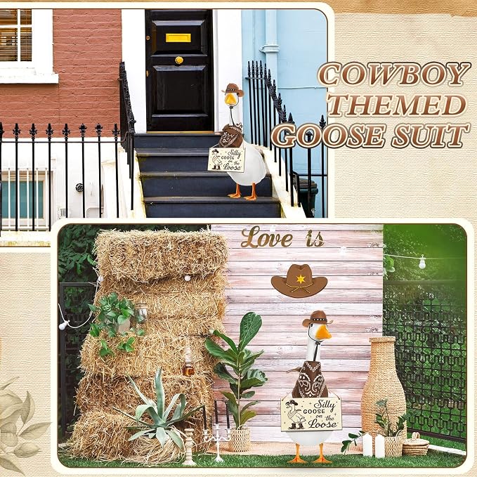 Funny Porch Goose Outfit Decoration Set Silly Goose on The Loose Hangings Sign Cowboy with Outfit Cowboy Hat Bandana for 23" Cement/Plastic Outdoor Statue Patio Yard Lawn Art(Brown)
