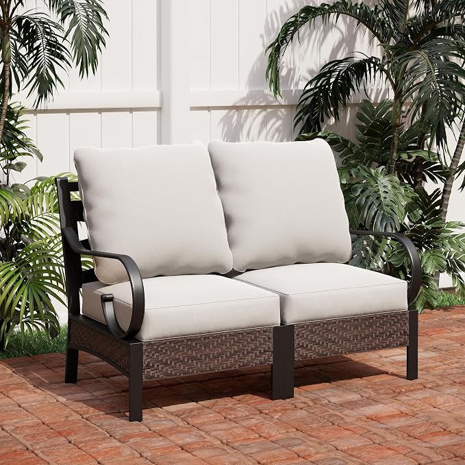 PHI VILLA Patio Sofa Outdoor Furniture, All-Weather Rattan & Metal 2 Seater Sofa with Cushions & Lumbar Pillows, Arm Lounge Loveseat for Patio, Balcony, Backyard, Deck, Poolside